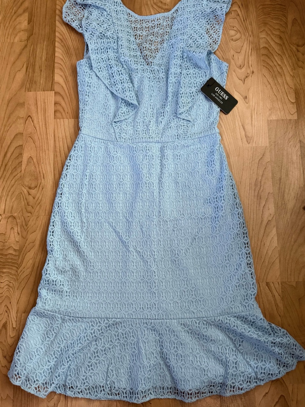 GUESS Baby Blue Lace Midi Dress with Ruffle Hem